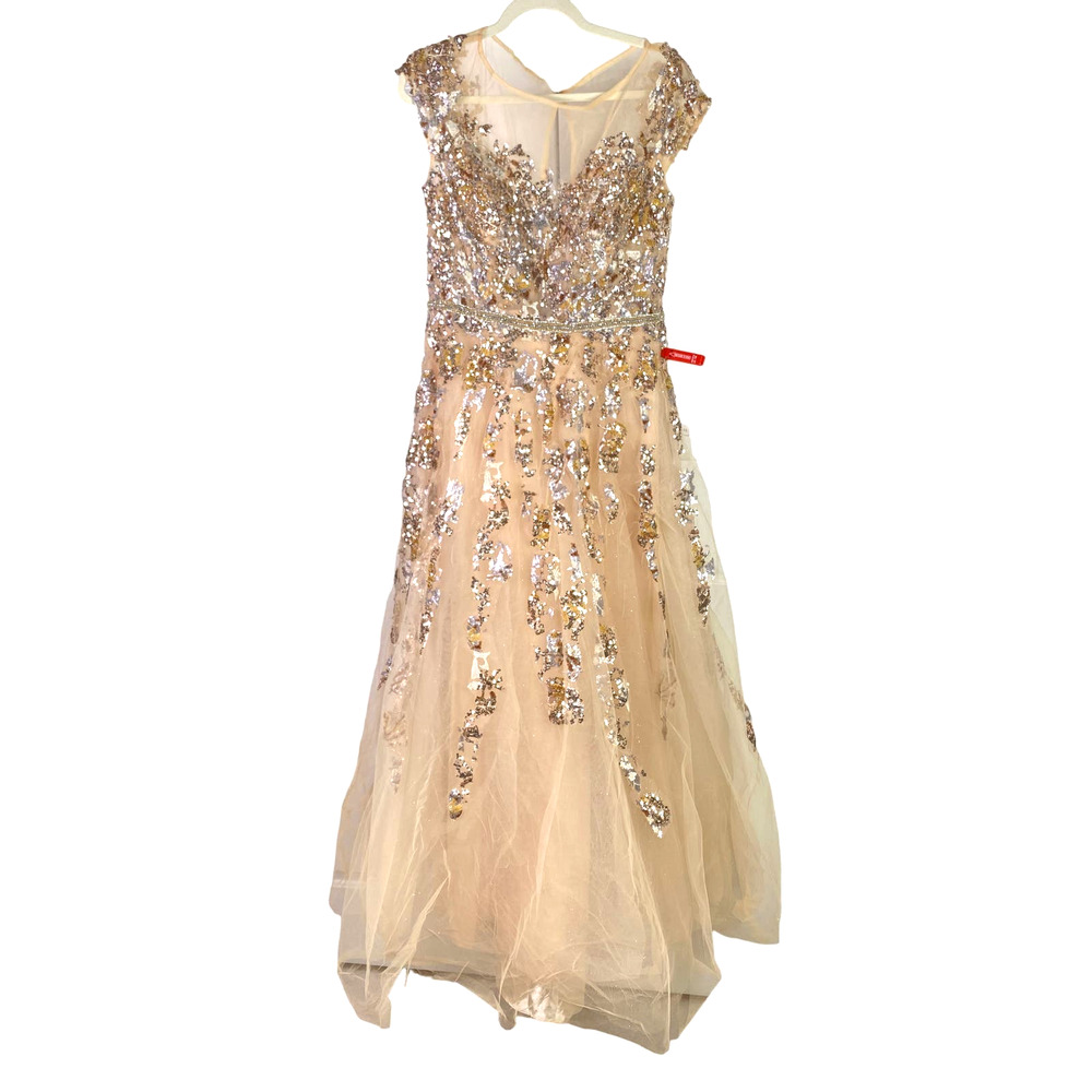 Mac Duggal Sequin CAP SLEEVE chiffon Ball GOWN, Size 10 , nude, 20364 - Picture 2 of 9